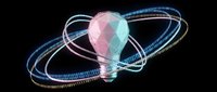 Glowing light bulb with digital data streams and orbital rings on black background representing innovation, technology, artificial intelligence and creative solutions.