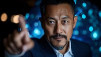 Confident Asian businessman in white shirt pointing forward against blurred blue bokeh background, professional corporate portrait with dramatic lighting.