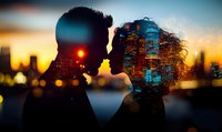 Romantic double exposure silhouette of couple against urban cityscape with glowing lights and sunset sky, creative portrait showing connection between love and city life.
