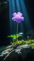 Single purple wildflower growing on rocky surface illuminated by dramatic blue light rays streaming through darkness, creating magical forest atmosphere.