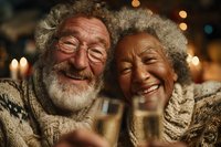 Happy senior couple celebrating with champagne glasses, laughing together in cozy winter sweaters with warm bokeh lights creating festive atmosphere.