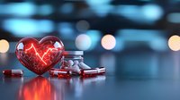 Red glowing heart with heartbeat pulse line next to prescription medication pills and bottle on reflective surface against blurred bokeh background in blue tones.