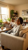 Happy African American woman relaxing on couch while husband works on laptop in cozy living room with plants and warm natural lighting for lifestyle content.