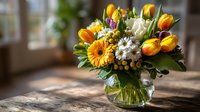 Vibrant spring bouquet with yellow tulips, gerbera daisies, and white chrysanthemums in glass vase on wooden table with natural window light.