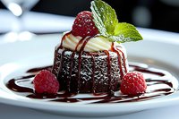 Chocolate lava cake with vanilla ice cream, fresh raspberries and mint leaf garnish on white plate, drizzled with chocolate sauce, close-up food photography.