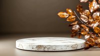 Minimalist marble stone product display podium with autumn golden leaves on dark brown background. Luxury presentation platform for cosmetics.