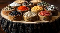 Colorful variety of dried peppercorns and spices in carved wooden bowls arranged on rustic tree slice, dramatic lighting highlights vibrant colors and textures.