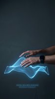 Hands interacting with glowing blue digital waves representing wellness technology and meditation coaching applications for modern healthcare solutions.