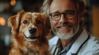 Senior male veterinarian with gray beard and glasses smiling next to friendly golden retriever mix dog in veterinary clinic. Warm lighting creates welcoming atmosphere.