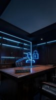 Modern office interior with neon gavel and padlock symbols glowing in cyan blue, representing digital trust and security concepts for law, technology, and cybersecurity applications.