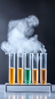 Chemical test tubes with colorful liquids and rising smoke against dark background, laboratory research concept for science and medical studies.