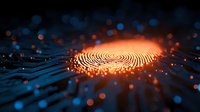 Glowing orange fingerprint scan on dark blue digital surface with scattered light particles, representing biometric security and identity verification technology.