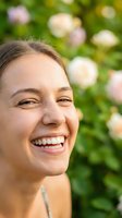 Happy young Caucasian woman laughing outdoors with natural smile showing white teeth against blurred floral garden background for wellness lifestyle content.