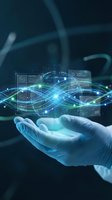 Businessman hand holding futuristic digital network with glowing data streams and interface elements for technology and innovation concepts.