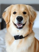 Smiling golden retriever dog with bright blue eyes wearing black collar, close-up portrait showing friendly expression and cream-colored fluffy fur against blurred background.