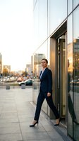 Professional businesswoman in navy suit walking outside modern office building during golden hour sunset in urban business district.