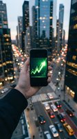 Hand holding smartphone displaying green upward trending stock chart against illuminated cityscape at dusk, symbolizing financial growth, market success, and digital investment opportunities for business professionals.
