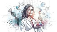 Female scientist in lab coat holding flask with molecular structures and DNA helix background for scientific research and chemistry education concepts.