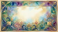Ornate decorative frame with watercolor flourishes in jewel tones, featuring swirling botanical motifs and gold accents surrounding blank center space for text or design placement.