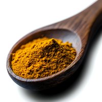 Ground turmeric powder in wooden spoon on white background, close up macro shot showing vibrant yellow spice texture and natural grain details.