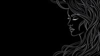 Elegant woman profile with flowing hair in golden line art on black background for luxury beauty and fashion design projects.