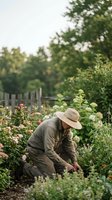 Senior gardener in wide-brimmed hat tending to colorful flower garden with roses and plants in peaceful backyard setting for hobby and lifestyle content.