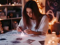 Young Asian woman in white shirt reading tarot cards and astrology charts by candlelight with crystal pyramid and mystical decorations in cozy evening atmosphere.