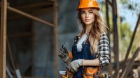 Young Caucasian female construction worker in protective hardhat, plaid shirt and overalls holding tools at building site. Professional industrial portrait with natural lighting.
