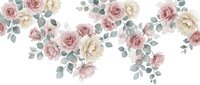 Watercolor floral border with dusty pink and cream roses, eucalyptus leaves on white background. Wedding invitation, greeting card, scrapbook design element.