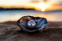 Black pearl in open oyster shell on sandy beach at sunset, with golden sun and blurred ocean horizon creating magical natural lighting effect.