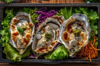 Grilled oysters topped with creamy sauce and spices served on fresh lettuce bed with purple cabbage and carrot garnish, gourmet seafood appetizer presentation.
