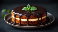 Chocolate layered cake with cream filling and dark ganache glaze dripping down sides, garnished with fresh mint leaves on brown ceramic plate, dark background.
