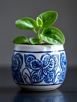Young green peperomia plant growing in decorative ceramic pot with traditional blue and white floral pattern against dark background, macro photography.