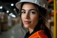 Young Hispanic female engineer wearing white hard hat and safety vest smiles confidently in warehouse setting with soft bokeh background lighting.