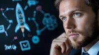Young Caucasian businessman contemplating startup ideas with digital rocket and business icons hologram display in modern office environment.