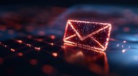 Glowing red neon email envelope icon floating over digital network background with bokeh lights and particles, representing digital communication technology.