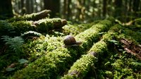 Fallen tree logs covered in vibrant green moss in sunlit forest floor. Natural woodland decay and regeneration cycle in temperate ecosystem.