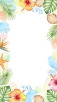 Tropical watercolor frame with hibiscus flowers, palm leaves, seashells and starfish on white background for summer vacation designs and invitations.