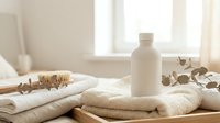 Spa wellness setup with natural cosmetic bottle, wooden massage brush and eucalyptus on soft towels in bright bathroom for relaxation and self-care.