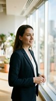 Professional woman with dark hair and Caucasian ethnicity wearing navy blazer standing by office window with city skyline view, suitable for corporate, business, and leadership concepts.