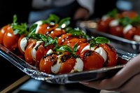 Fresh caprese salad with ripe tomatoes, mozzarella cheese and basil leaves drizzled with balsamic glaze on elegant serving platter for gourmet dining.