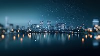 Modern cityscape with illuminated skyscrapers reflecting in calm water at night, starry sky above creates dreamy atmosphere. Bokeh lights add magical effect to urban scene.