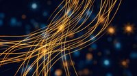 Abstract golden light trails flowing across dark blue background with glowing particles. Dynamic energy waves for technology presentations and digital designs.