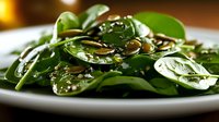 Fresh spinach salad with sesame dressing on white plate, vibrant green leaves garnished with toasted seeds, close-up view in natural lighting.