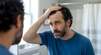 Middle-aged Caucasian man examining hair loss in bathroom mirror, touching receding hairline with concerned expression, male pattern baldness awareness.