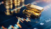 Shiny gold bars on financial chart background with stock market data and trading candlestick graph showing investment trends and price analysis.