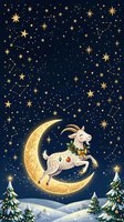 Whimsical goat leaping on golden crescent moon surrounded by stars and constellations above snowy winter landscape with decorated evergreen trees, festive holiday illustration.