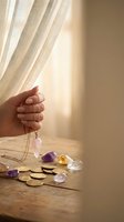 Hand holding rose quartz crystal pendulum over wooden table with amethyst and citrine gemstones in warm natural light for spiritual healing practice.