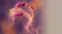 Swirling pink and gold glitter particles create an abstract spiral form against a soft purple and beige gradient background, suitable for cosmetics, beauty, and wellness marketing materials.