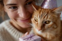 Tender moment with ginger cat and young woman in cream sweater holding wrapped gift box, close-up portrait capturing warm emotional connection and holiday spirit.